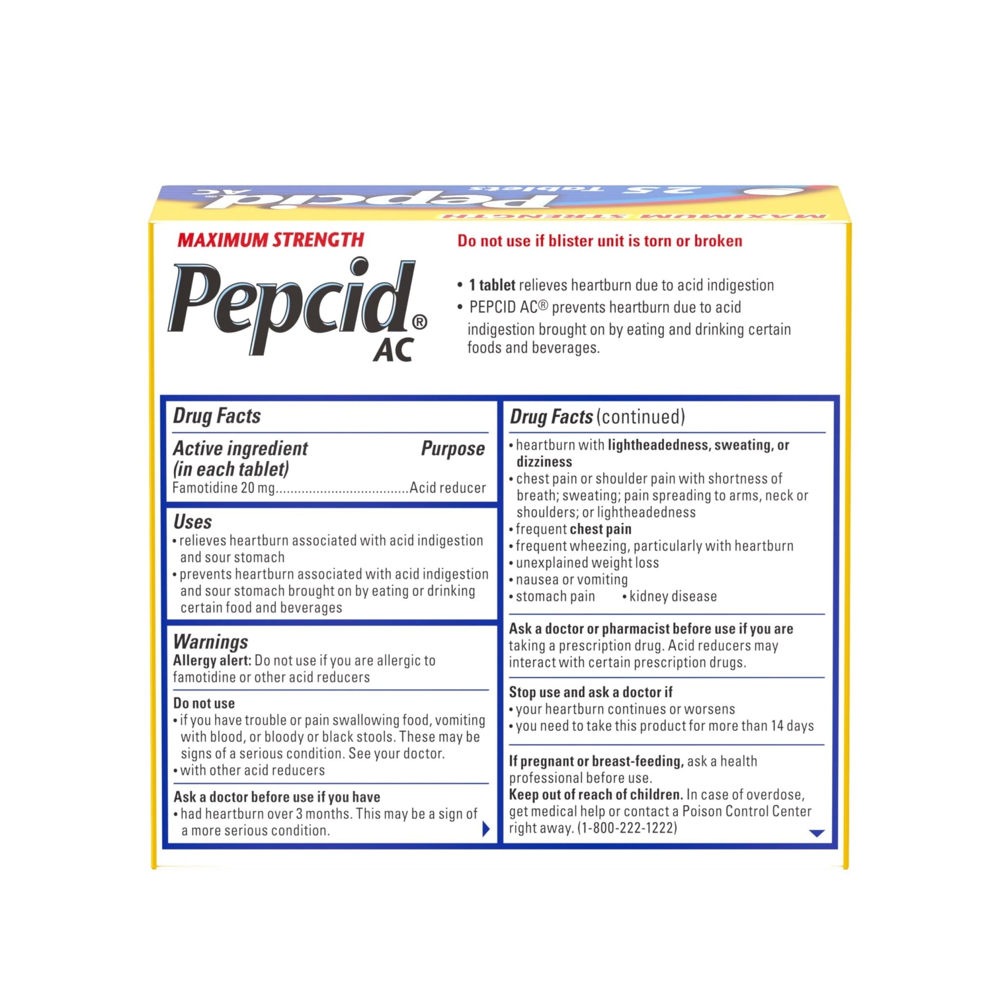 Pepcid AC Maximum Strength Heartburn Relief Tablets, OTC Medicine Prevents & Relieves Heartburn & Acid Reflux Due to Acid Indigestion, 20mg Famotidine Acid Reducer, Fast-Acting, 25 ct - dailyvitalstore