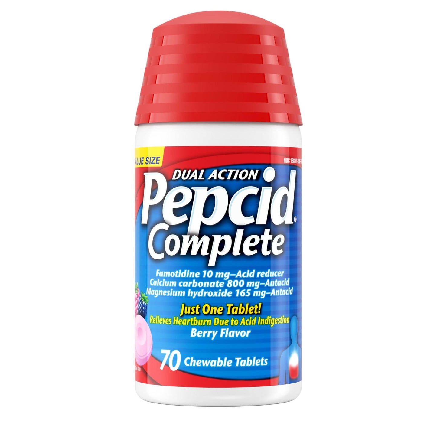 Pepcid Complete Acid Reducer + Antacid Chewable Tablets, 10mg Famotidine, 800mg Calcium Carbonate & 165mg Magnesium Hydroxide per Heartburn Medicine Tablet, Antacid Chews, Berry Flavored, 70 ct - dailyvitalstore