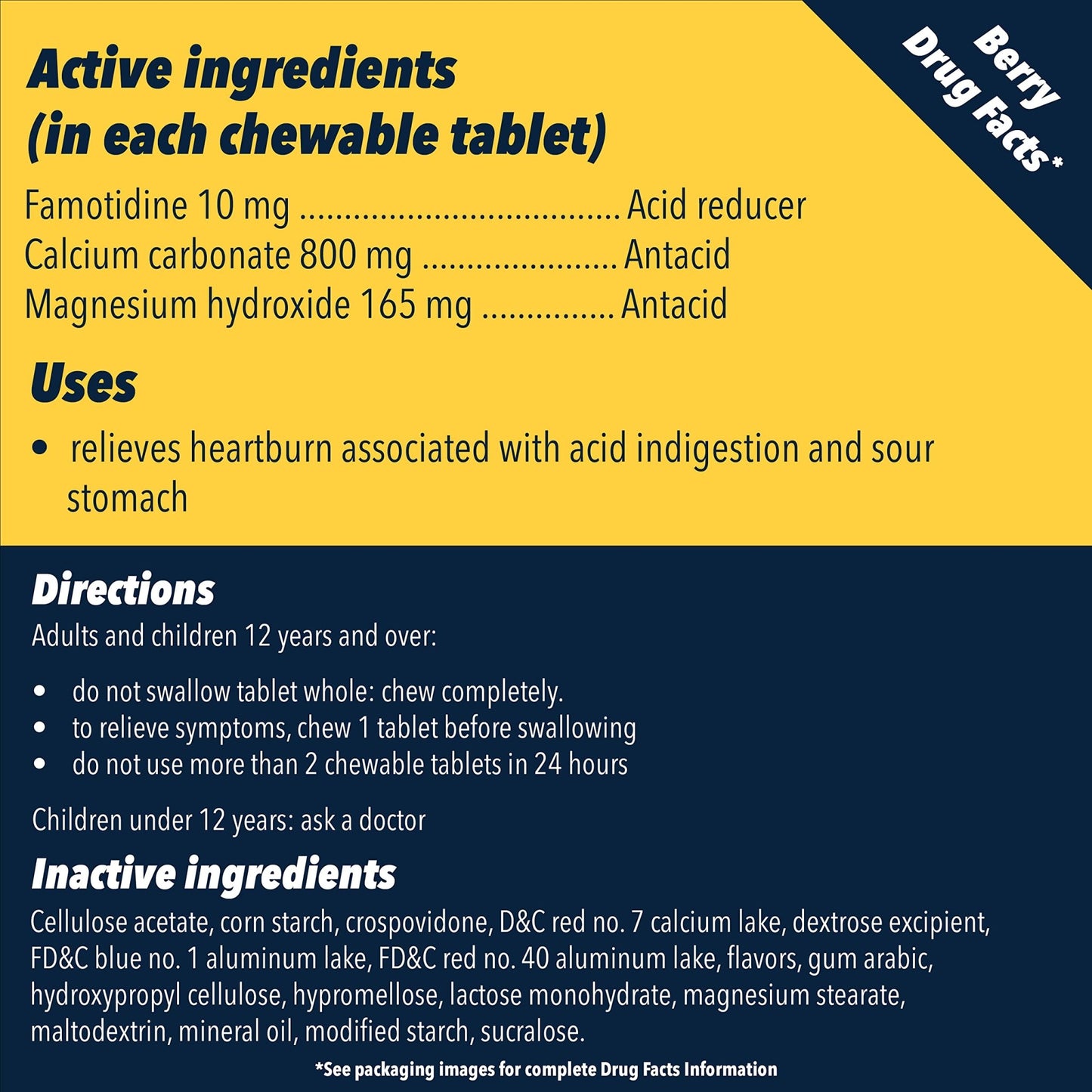 Pepcid Complete Acid Reducer + Antacid Chewable Tablets, 10mg Famotidine, 800mg Calcium Carbonate & 165mg Magnesium Hydroxide per Heartburn Medicine Tablet, Antacid Chews, Berry Flavored, 70 ct - dailyvitalstore