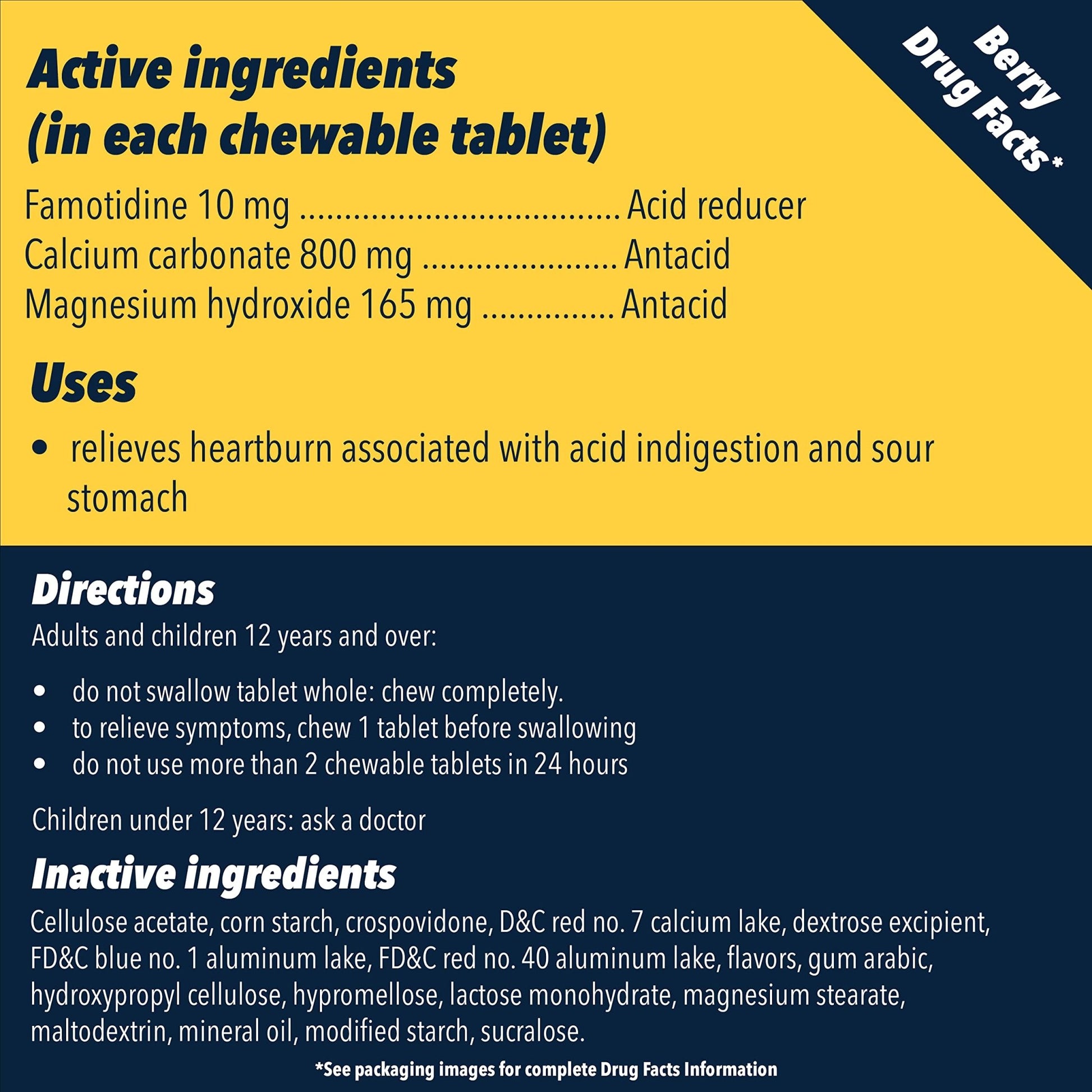Pepcid Complete Acid Reducer + Antacid Chewable Tablets, 10mg Famotidine, 800mg Calcium Carbonate & 165mg Magnesium Hydroxide per Heartburn Medicine Tablet, Antacid Chews, Berry Flavored, 70 ct - dailyvitalstore