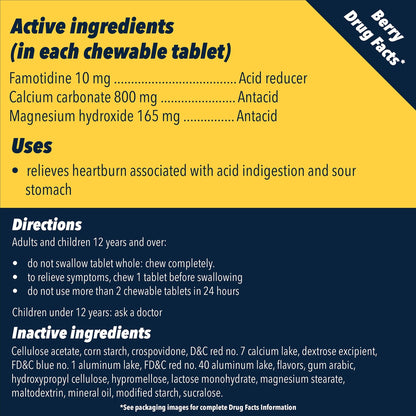 Pepcid Complete Acid Reducer + Antacid Chewable Tablets, 10mg Famotidine, 800mg Calcium Carbonate & 165mg Magnesium Hydroxide per Heartburn Medicine Tablet, Antacid Chews, Berry Flavored, 70 ct - dailyvitalstore