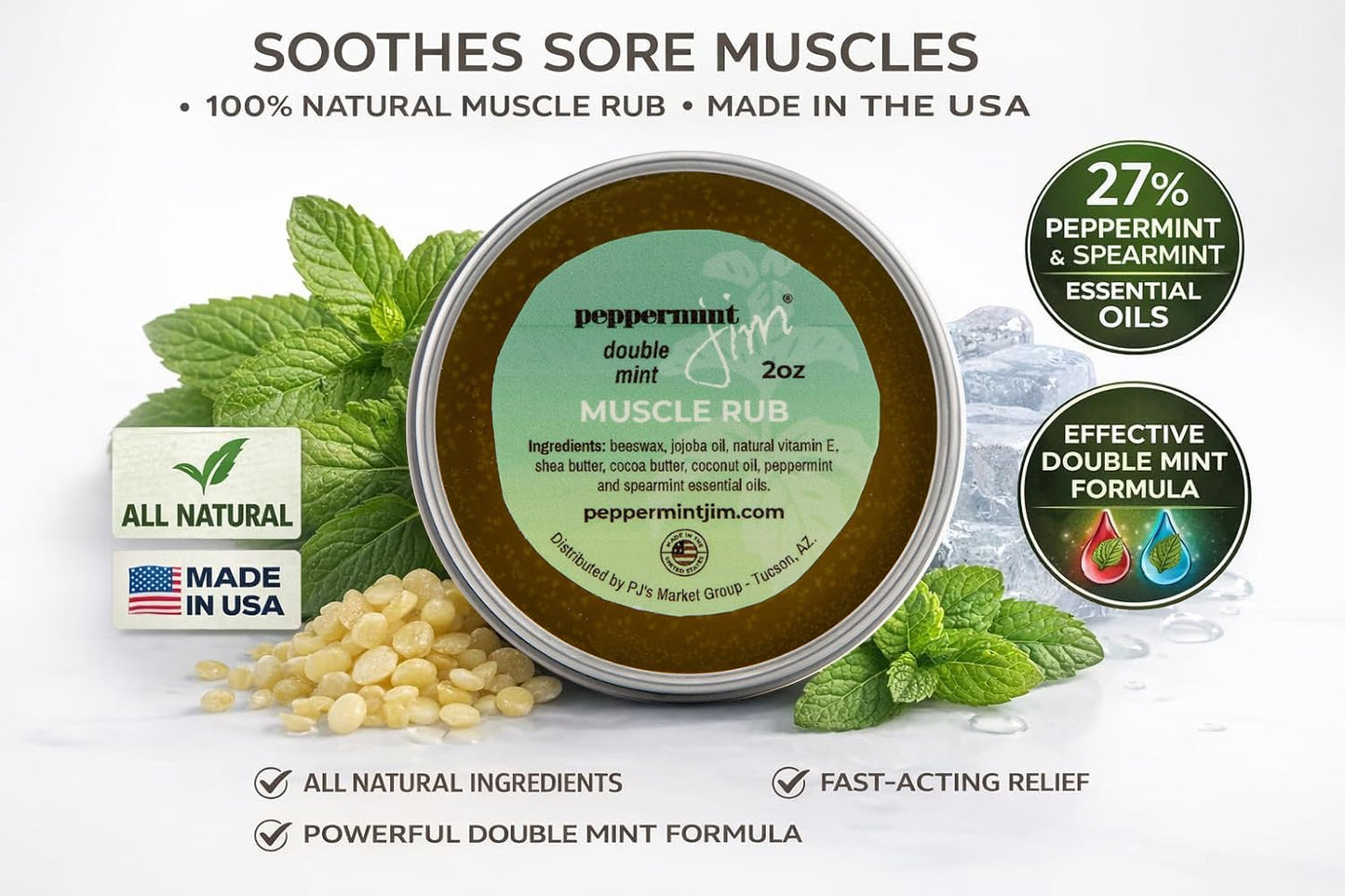 Peppermint Jim Double Mint Muscle Rub Balm 2oz, Fast Absorbing Cooling Relief Cream with Peppermint & Spearmint Oils, Non Greasy Soothing Balm for Sore Muscles, Back, Neck & Joints - Plant Based - dailyvitalstore
