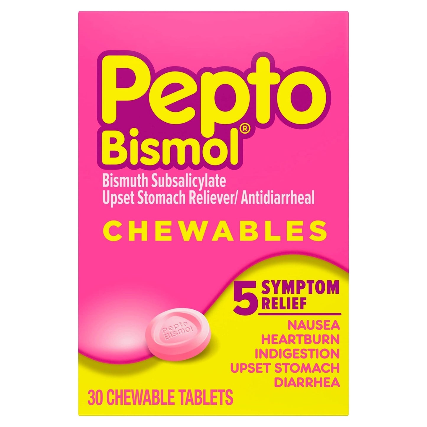 Pepto Bismol Chewable Tablets, Upset Stomach Relief, Nausea Relief, Heartburn Relief, Indigestion Relief, Anti Diarrhea Medication for Adults - 5 Symptom Relief, 30 ct - dailyvitalstore