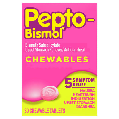 Pepto Bismol Chewable Tablets, Upset Stomach Relief, Nausea Relief, Heartburn Relief, Indigestion Relief, Anti Diarrhea Medication for Adults - 5 Symptom Relief, 30 ct - dailyvitalstore