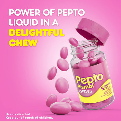 Pepto Bismol Chews, Upset Stomach Relief, Nausea Relief, Heartburn Relief, Indigestion Relief, Anti Diarrhea Medication for Adults - 5 Symptom Fast Relief, 72 Chewable Tablets (3x24 ct) - dailyvitalstore