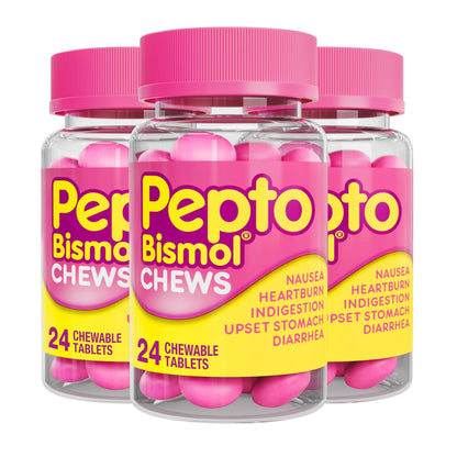 Pepto Bismol Chews, Upset Stomach Relief, Nausea Relief, Heartburn Relief, Indigestion Relief, Anti Diarrhea Medication for Adults - 5 Symptom Fast Relief, 72 Chewable Tablets (3x24 ct) - dailyvitalstore