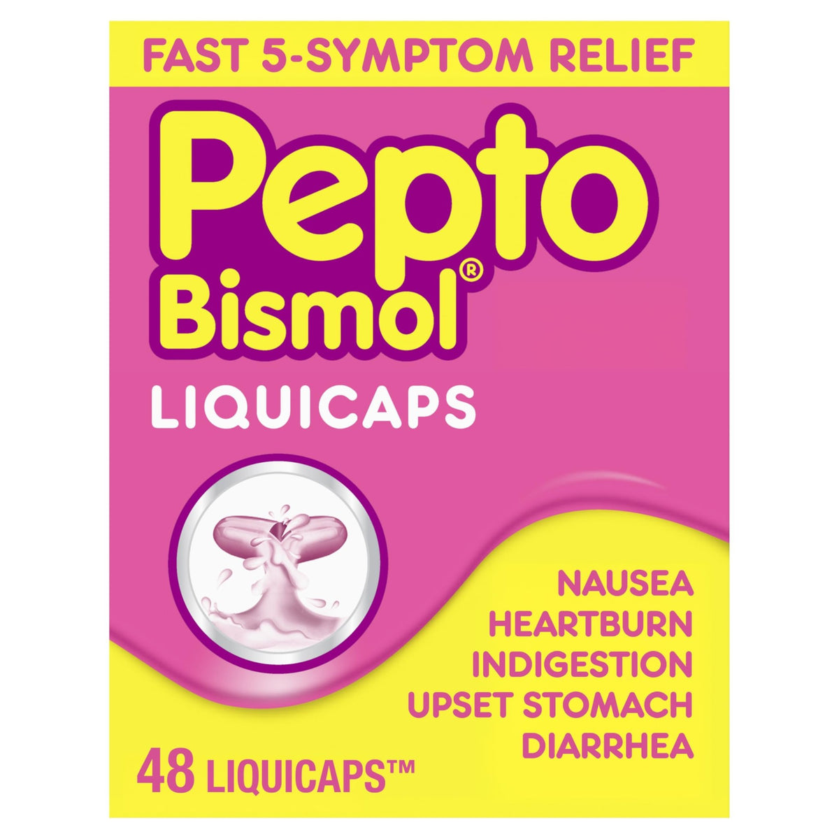 Pepto Bismol Liquicaps, Upset Stomach Relief, Nausea Relief, Heartburn Relief, Indigestion Relief, Anti Diarrhea Medication for Adults - 5 Symptom Fast Relief, No Flavor, 48 ct - dailyvitalstore