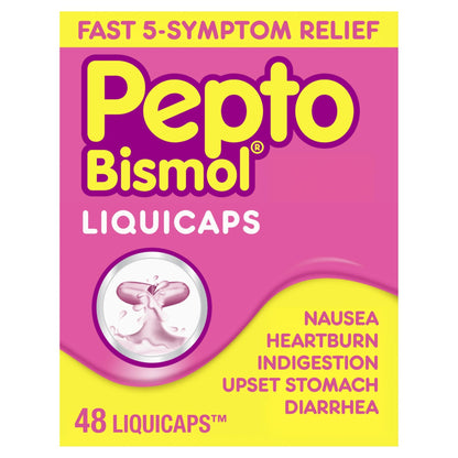 Pepto Bismol Liquicaps, Upset Stomach Relief, Nausea Relief, Heartburn Relief, Indigestion Relief, Anti Diarrhea Medication for Adults - 5 Symptom Fast Relief, No Flavor, 48 ct - dailyvitalstore