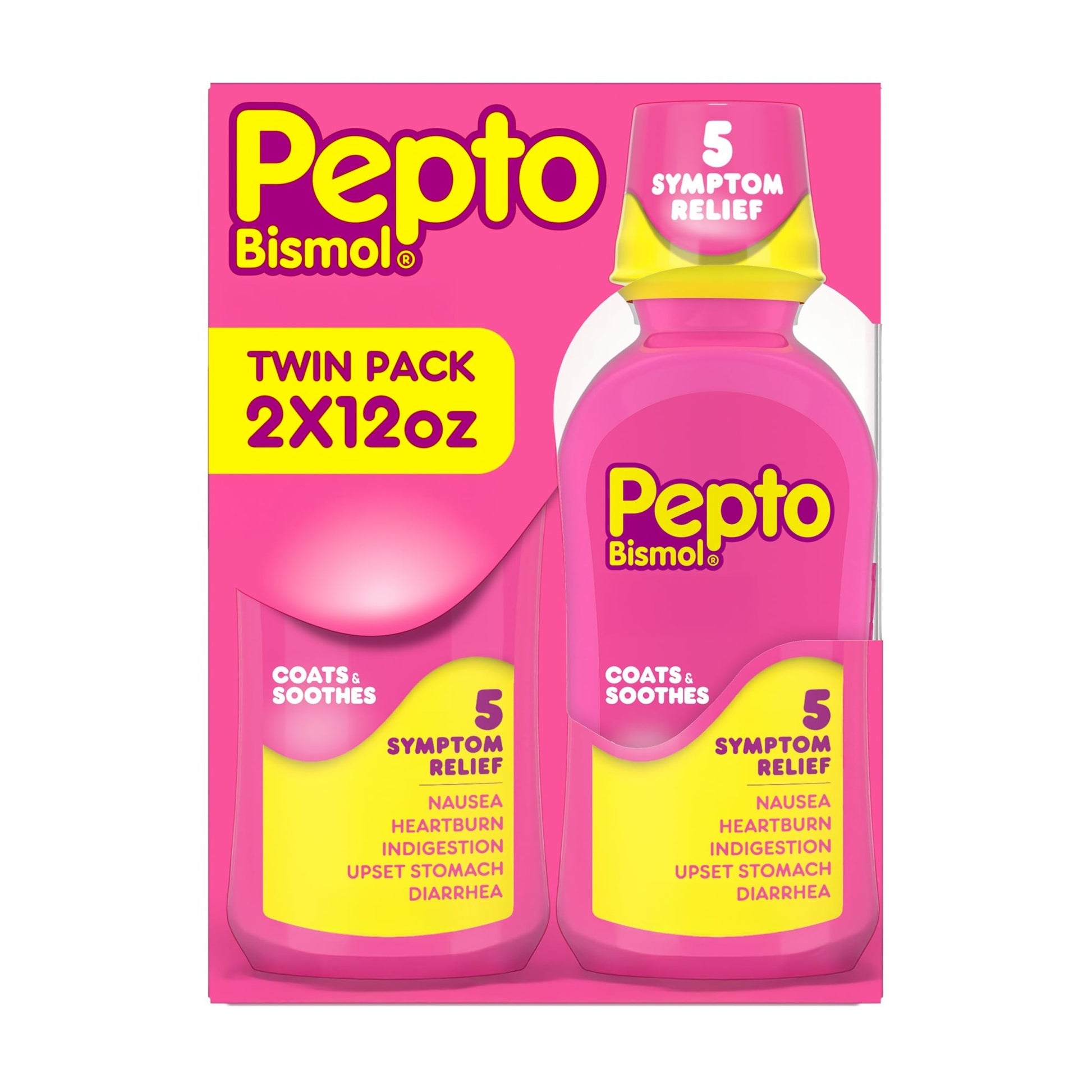 Pepto Bismol Liquid, Upset Stomach Relief, Nausea Relief, Heartburn Relief, Indigestion Relief, Anti Diarrhea Medication for Adults - 5 Symptom Fast Relief, 2x12 oz - dailyvitalstore