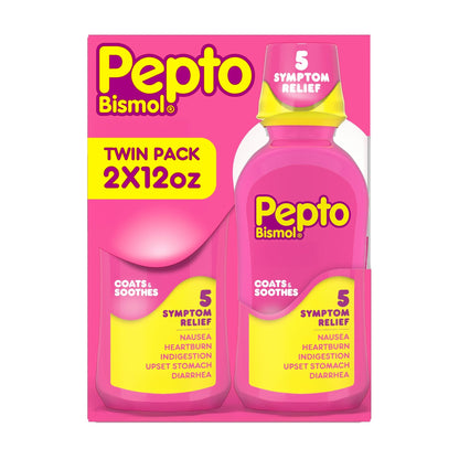 Pepto Bismol Liquid, Upset Stomach Relief, Nausea Relief, Heartburn Relief, Indigestion Relief, Anti Diarrhea Medication for Adults - 5 Symptom Fast Relief, 2x12 oz - dailyvitalstore
