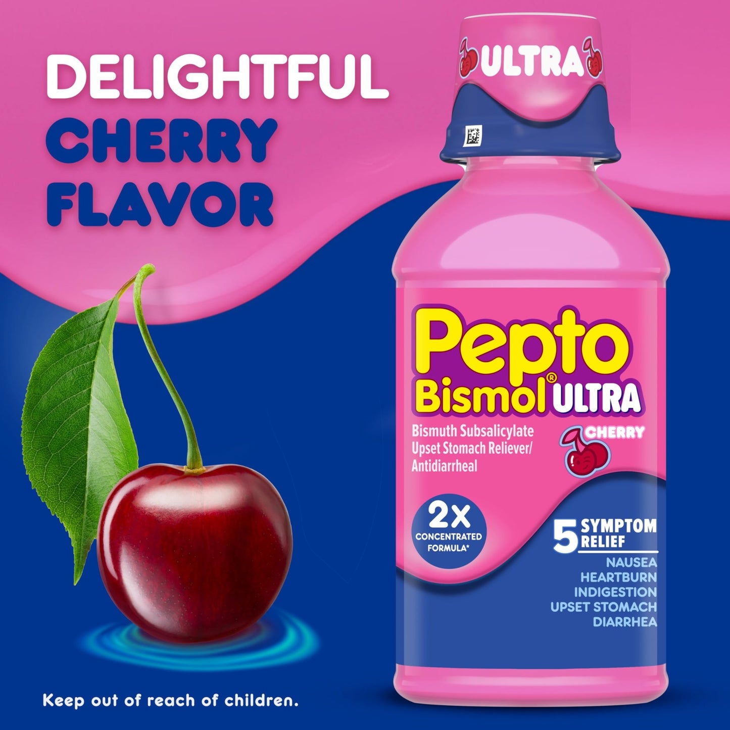 Pepto Bismol ULTRA Liquid for Nausea, Heartburn, Indigestion, Upset Stomach, and Diarrhea - 5 Symptom Fast Relief Medication for Adults, Cherry Flavor, 2x16 oz - dailyvitalstore