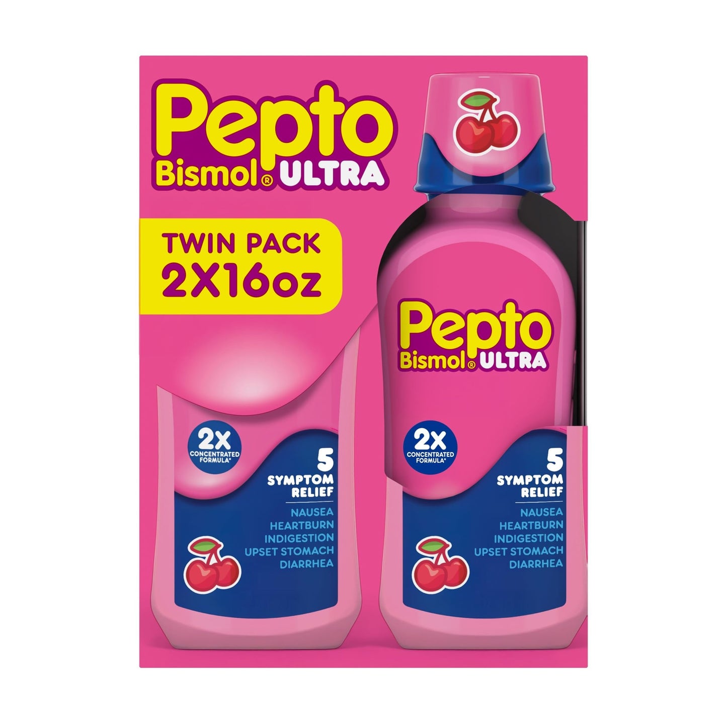 Pepto Bismol ULTRA Liquid for Nausea, Heartburn, Indigestion, Upset Stomach, and Diarrhea - 5 Symptom Fast Relief Medication for Adults, Cherry Flavor, 2x16 oz - dailyvitalstore