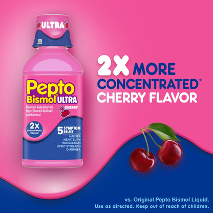 Pepto Bismol ULTRA Liquid for Nausea, Heartburn, Indigestion, Upset Stomach, and Diarrhea - 5 Symptom Fast Relief Medication for Adults, Cherry Flavor, 2x16 oz - dailyvitalstore