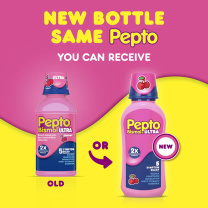 Pepto Bismol ULTRA Liquid for Nausea, Heartburn, Indigestion, Upset Stomach, and Diarrhea - 5 Symptom Fast Relief Medication for Adults, Cherry Flavor, 2x16 oz - dailyvitalstore