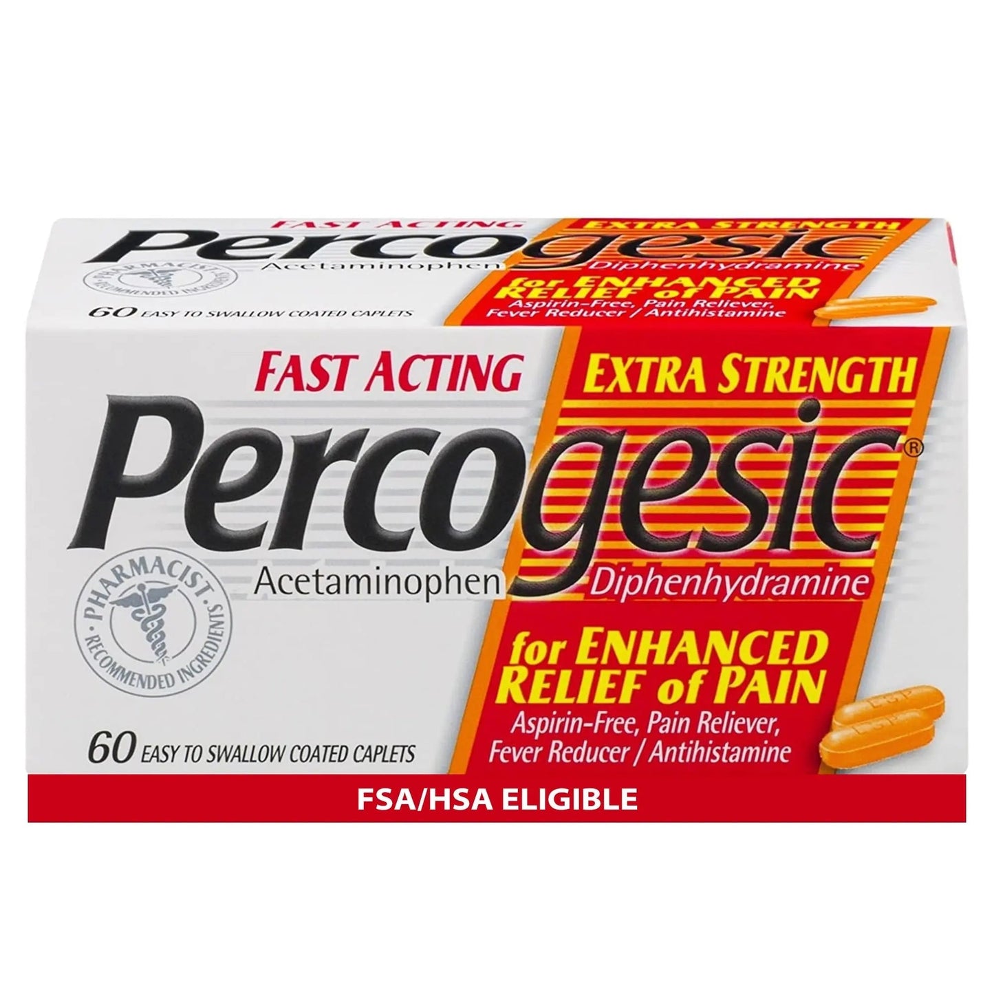 Percogesic Extra Strength Acetaminophen & Diphenhydramine Pain Relief, Fast-Acting Aspirin-Free Fever Reducer & Antihistamine, 60 Count - dailyvitalstore
