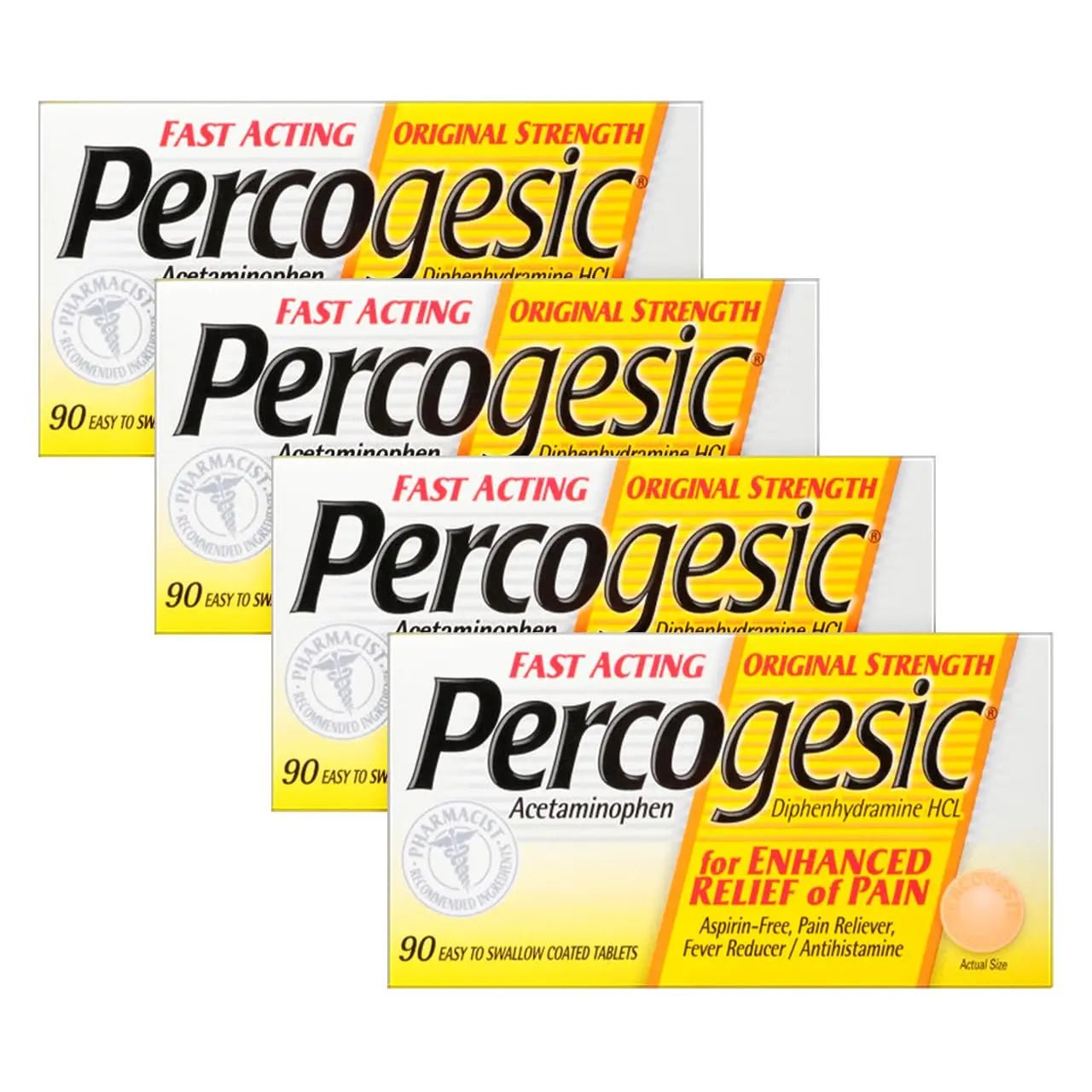 Percogesic Original Pain Relief | Aspirin Free Fast Acting Relief | 90 Coated Caplets (4 Pack) - dailyvitalstore