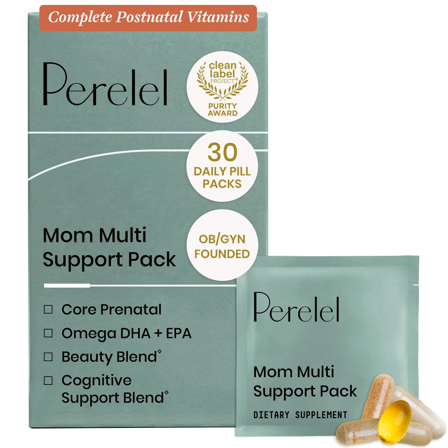 Perelel Mom Multi Support Pack, Postnatal Vitamins for Women with Omega 3 Dha, Iron, Collagen, & Vitamin B12 to Support Postpartum Health - dailyvitalstore