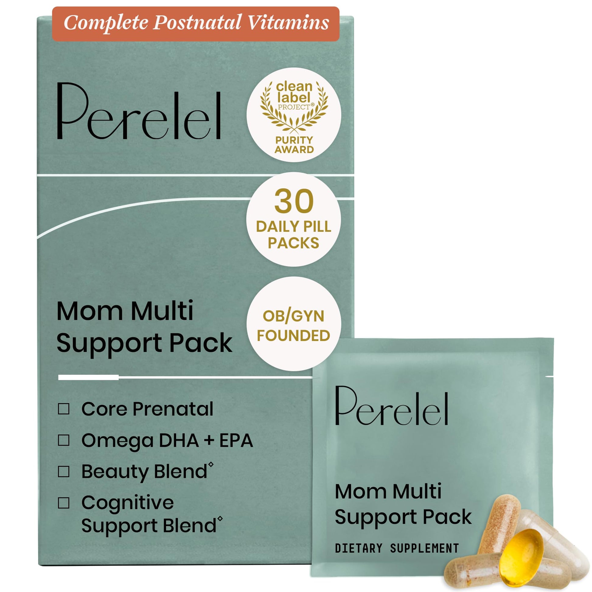 Perelel Mom Multi Support Pack, Postnatal Vitamins for Women with Omega 3 Dha, Iron, Collagen, & Vitamin B12 to Support Postpartum Health - dailyvitalstore
