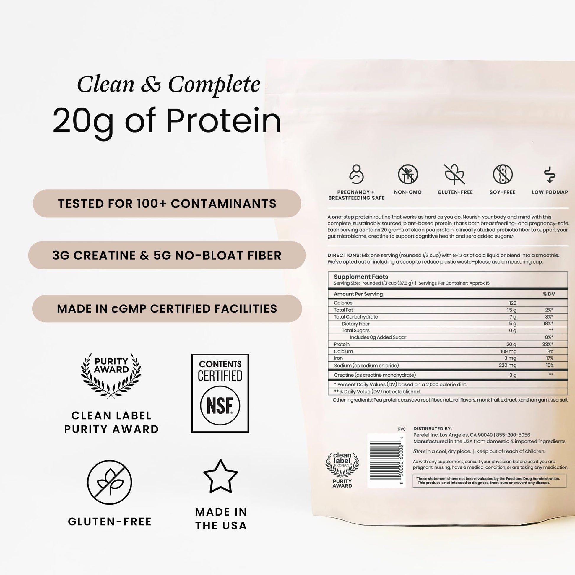 Perelel Triple-Support Plant Based Protein Powder, Creamy Vanilla, 20g Vegan Protein Powder, 3g Creatine Monohydrate, & 5g Prebiotic Fiber per Serving, Dairy Free, - dailyvitalstore