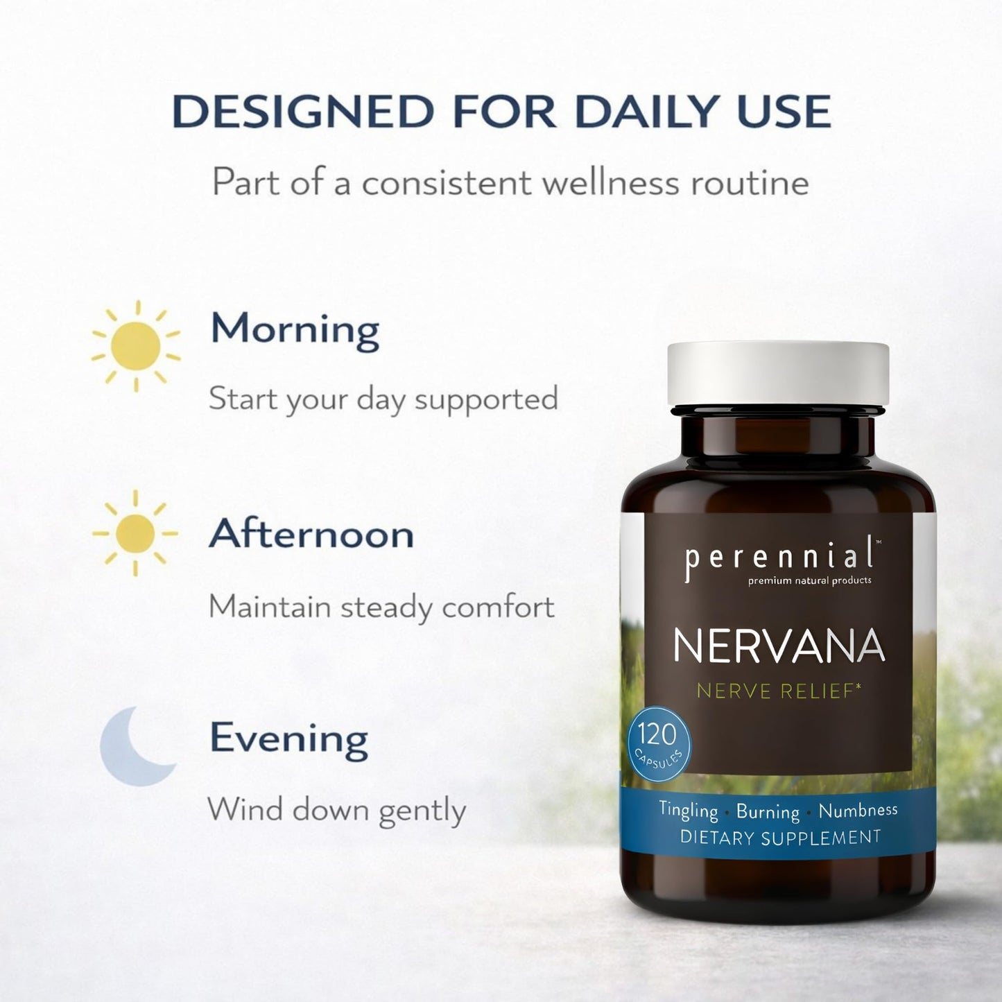 Perennial Nervana – Herbal Nerve Support for Tingling, Burning & Numbness Relief – Promotes Calm Focus & Stress Resilience – Non-Drowsy Mood Balance – 120ct* - dailyvitalstore