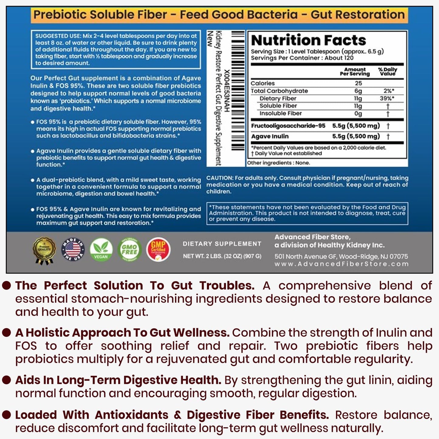 Perfect Gut: Inulin FOS Powder for Gut Health. Prebiotic Inulin. Unique Prebiotic 95% FOS Inulin Agave Fiber - dailyvitalstore