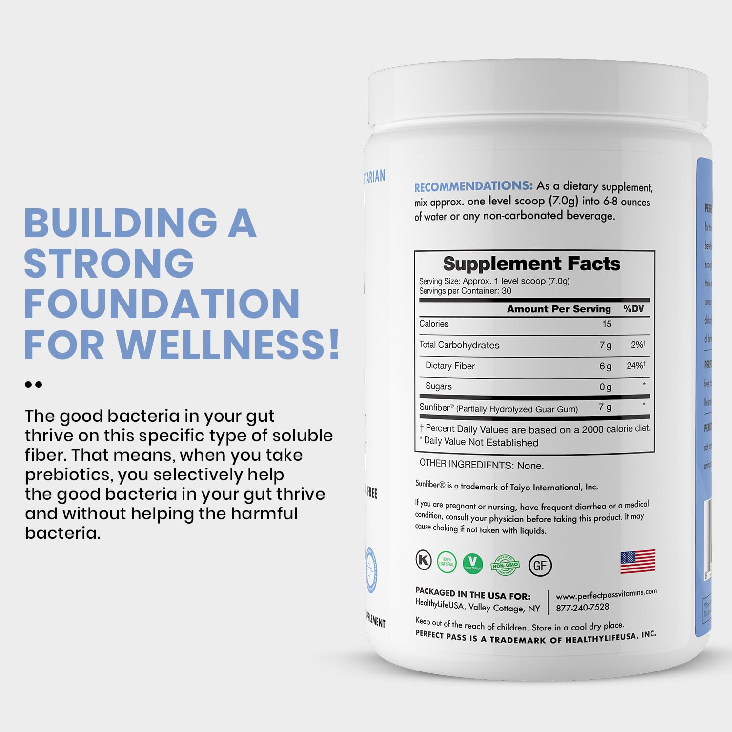 PERFECT PASS Prebiotic PHGG Partially Hydrolyzed Guar Gum 210g Powder - 100% Natural Gluten Free Non GMO - Certified Kosher Vegetarian Sugar Free - dailyvitalstore