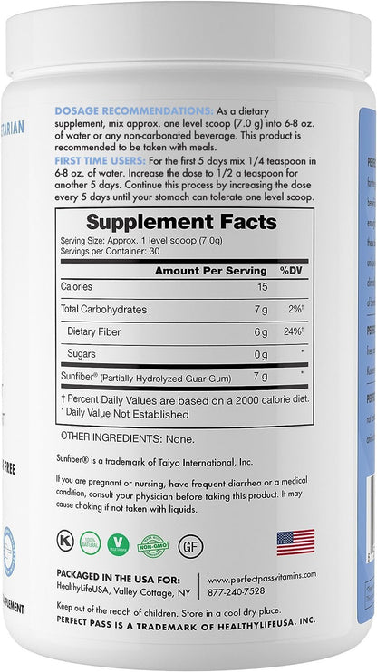 PERFECT PASS Prebiotic PHGG Partially Hydrolyzed Guar Gum 210g Powder - 100% Natural Gluten Free Non GMO - Certified Kosher Vegetarian Sugar Free - dailyvitalstore
