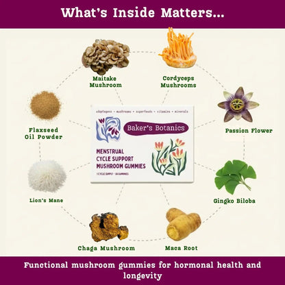 Period ovulatory & PMS Support Supplement for Women – Hormone Balance + 4-Phase Menstrual Cycle Kit | Vegan Functional Mushroom Gummies by Baker’s Botanics (Pack of 6)(30 Gummies) - dailyvitalstore