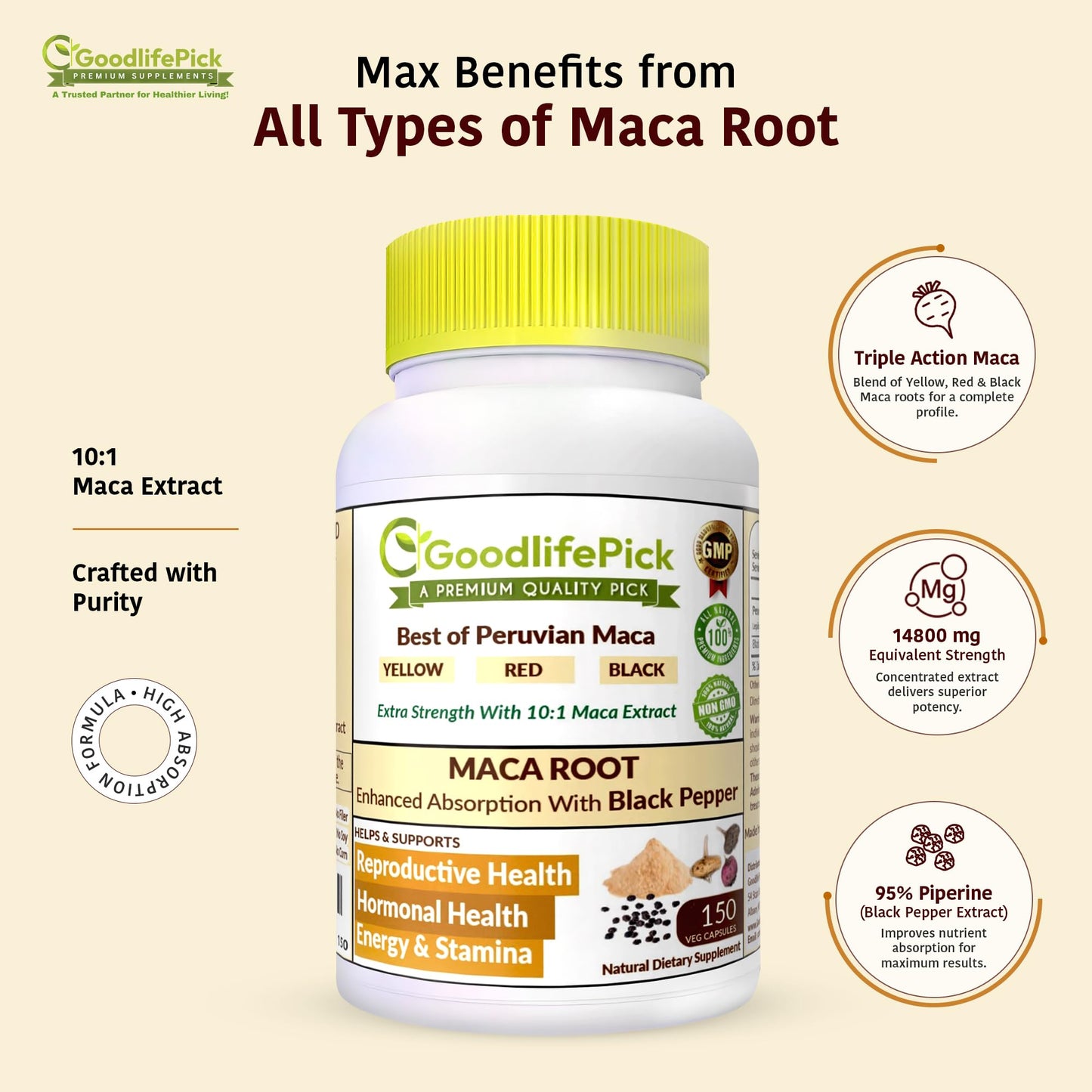 Peruvian Maca Root Capsules 150 ct. Powerful Maca Blend of Yellow Red & Black Maca Root with Black Pepper. All Natural NonGMO Vegan No Stearate No Rice Powder No Silica No Filler - dailyvitalstore