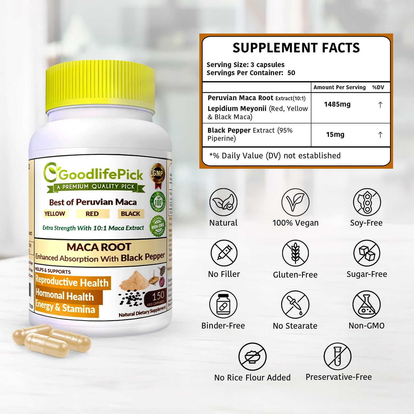 Peruvian Maca Root Capsules 150 ct. Powerful Maca Blend of Yellow Red & Black Maca Root with Black Pepper. All Natural NonGMO Vegan No Stearate No Rice Powder No Silica No Filler - dailyvitalstore