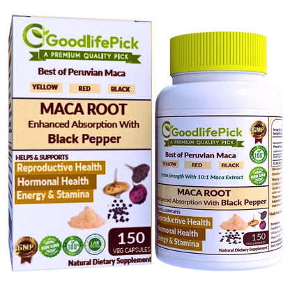 Peruvian Maca Root Capsules 150 ct. Powerful Maca Blend of Yellow Red & Black Maca Root with Black Pepper. All Natural NonGMO Vegan No Stearate No Rice Powder No Silica No Filler - dailyvitalstore