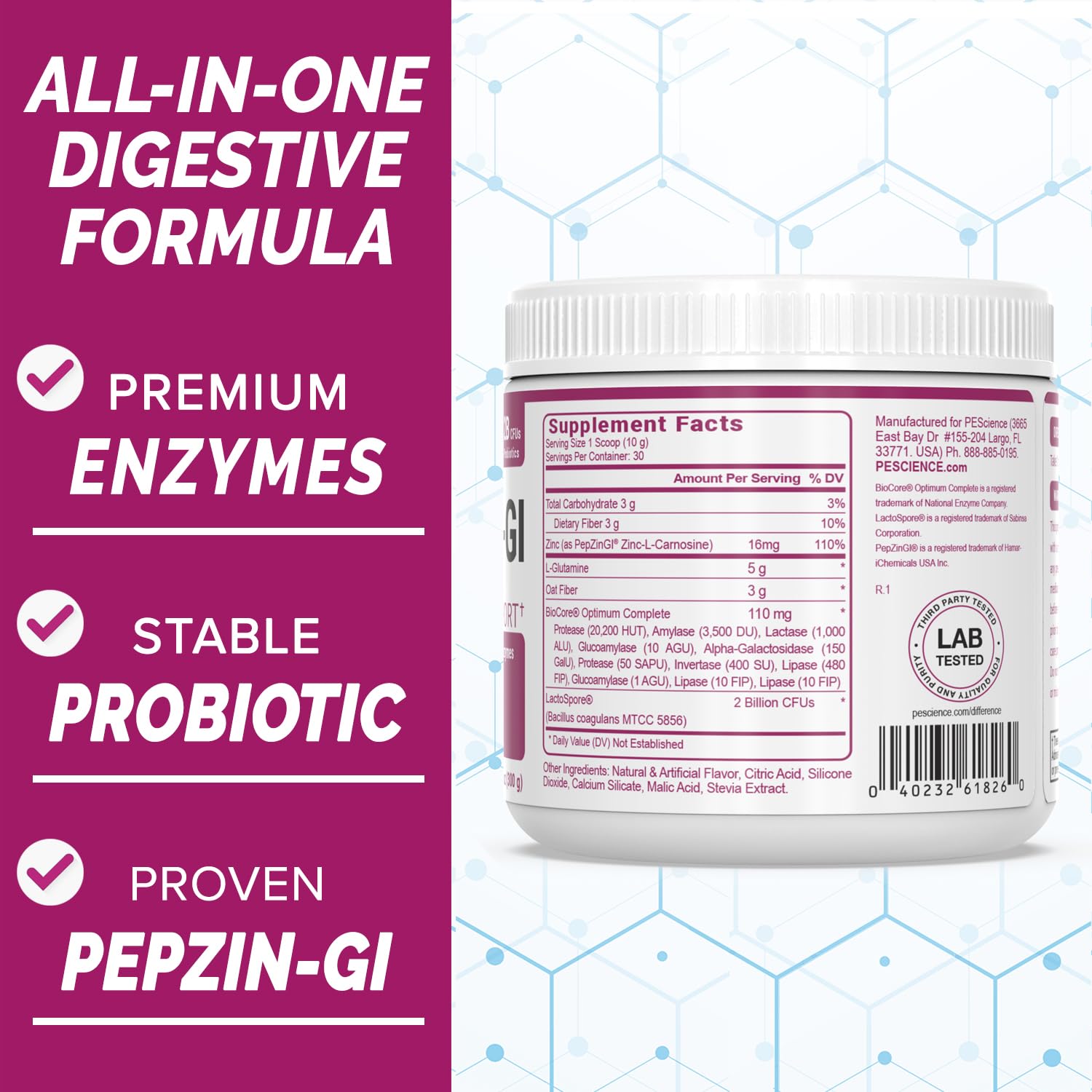 PEScience Complete-GI Gut Health Powder, Probiotics for Women and Men, Digestive Enzymes, Prebiotic Fiber, L-Glutamine - dailyvitalstore