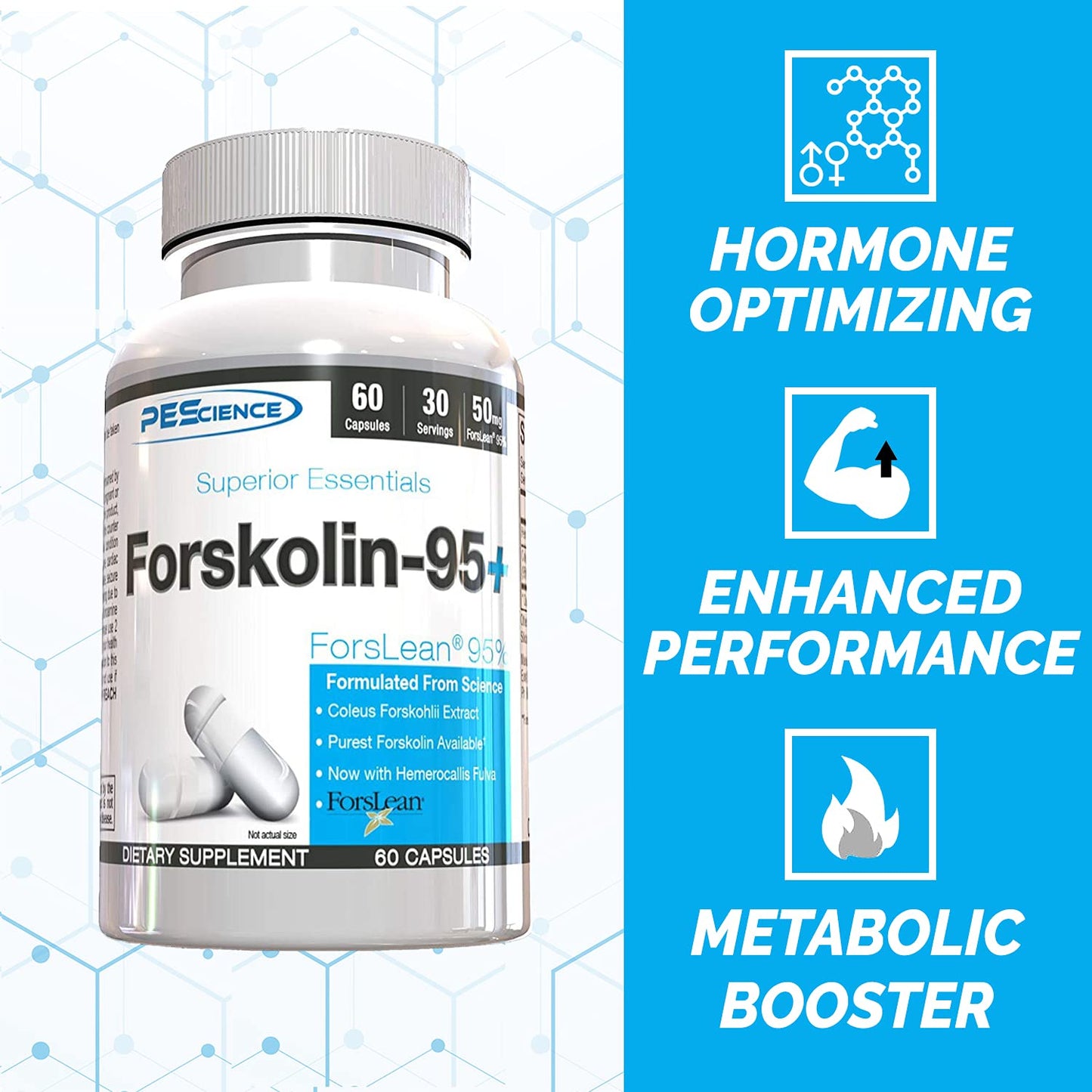 PEScience Forskolin-95+ Capsules, 95% Pure Forskolin from Coleus Forskohlii Extract with Hemerocallis Fulva Extract, Patented ForsLean, 50mg, 60 Count - dailyvitalstore