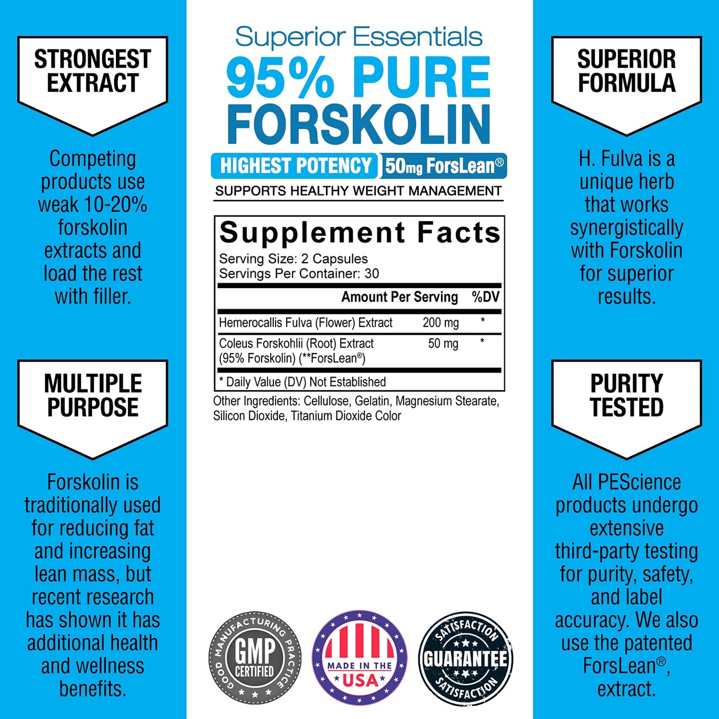 PEScience Forskolin-95+ Capsules, 95% Pure Forskolin from Coleus Forskohlii Extract with Hemerocallis Fulva Extract, Patented ForsLean, 50mg, 60 Count - dailyvitalstore