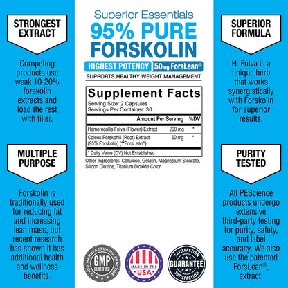PEScience Forskolin-95+ Capsules, 95% Pure Forskolin from Coleus Forskohlii Extract with Hemerocallis Fulva Extract, Patented ForsLean, 50mg, 60 Count - dailyvitalstore