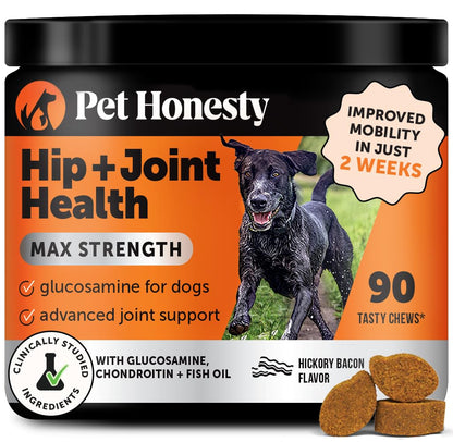 Pet Honesty Hip & Joint Health Max Strength – Dog Joint Support Chews with Glucosamine Chondroitin & Omega-3s – Joint Supplement for Dogs to Support Mobility, Flexibility & Comfort – Bacon (90 ct) - dailyvitalstore