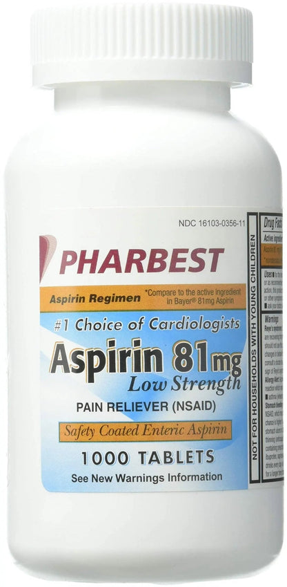 PHARBEST Aspirin 81mg - 1000 Tablets - dailyvitalstore