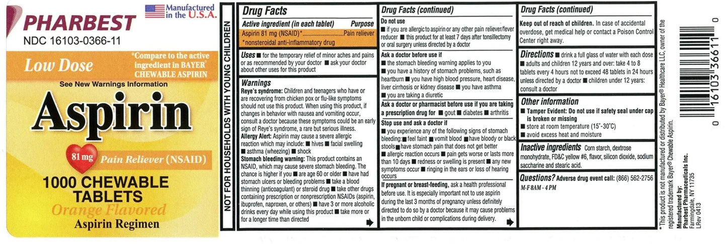 Pharbest Aspirin 81mg Chewable Orange Tablets 1000 Count Per Bottle - dailyvitalstore