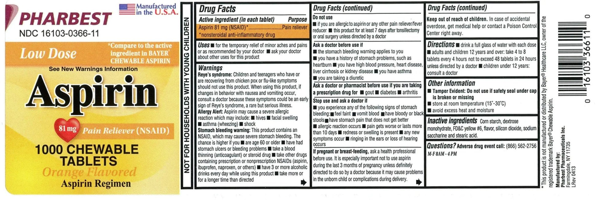 Pharbest Aspirin 81mg Chewable Orange Tablets 1000 Count Per Bottle - dailyvitalstore