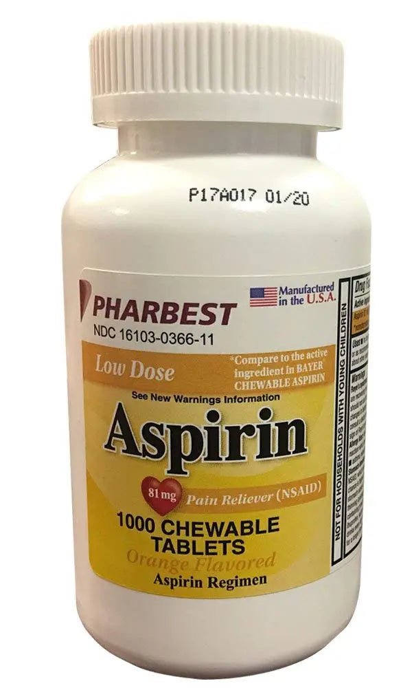 Pharbest Aspirin 81mg Chewable Orange Tablets 1000 Count Per Bottle - dailyvitalstore