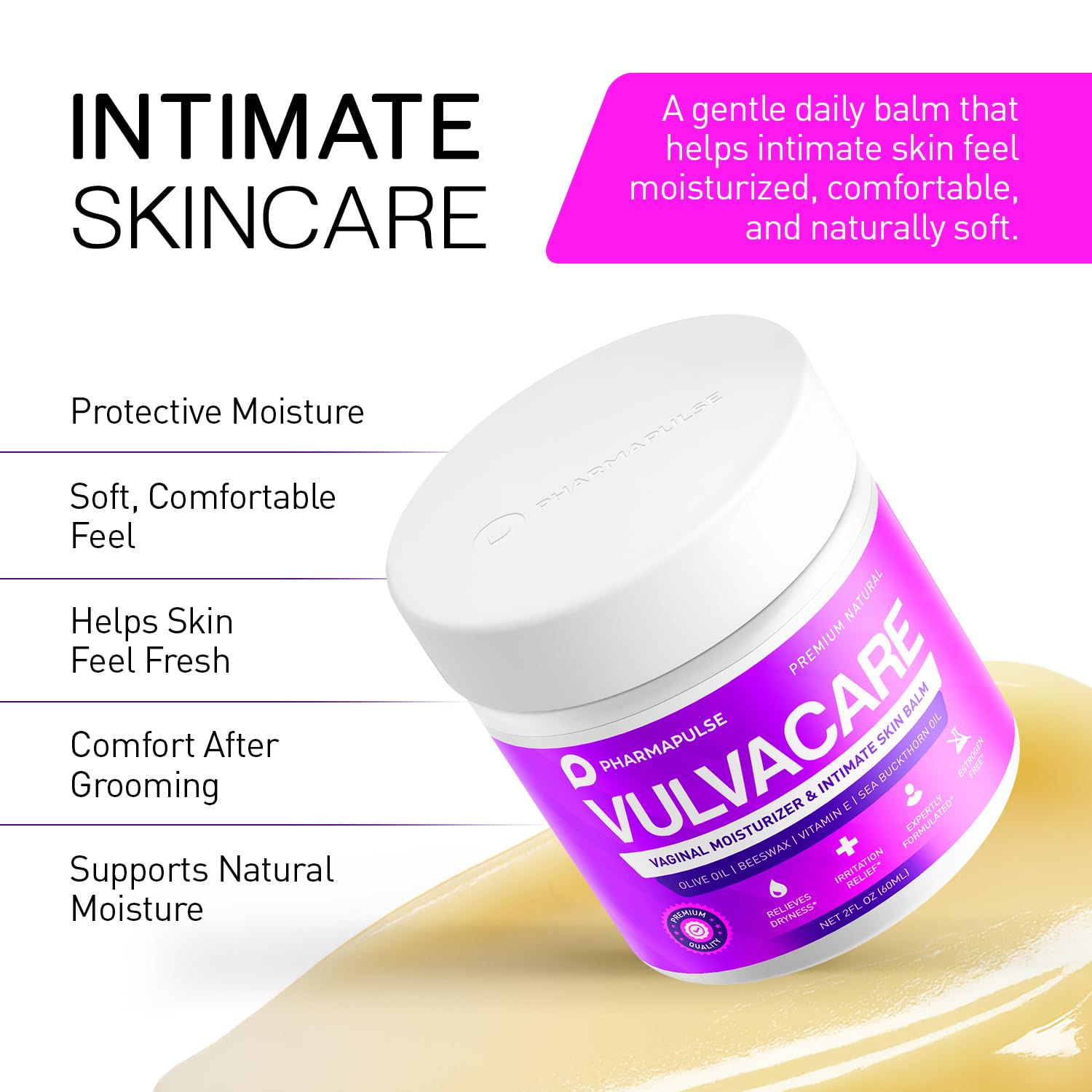 Pharmapulse Vaginal Moisturizer, Vulva Balm Cream, Intimate Skin Care, Menopause Support - Relieves Dryness, Itching, Burning, Redness, Chafing, Odor, Irritation - Estrogen Free 2oz - dailyvitalstore