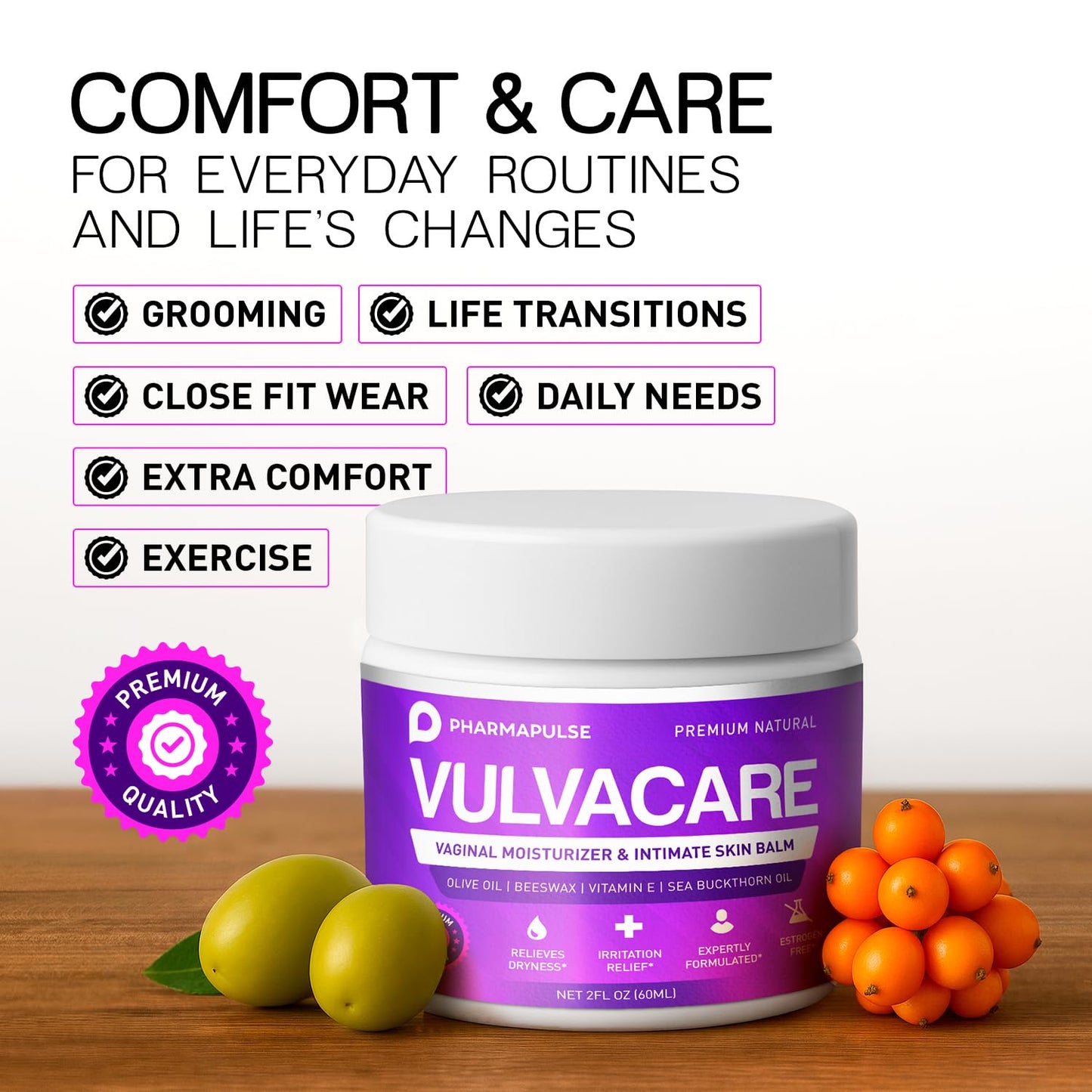 Pharmapulse Vaginal Moisturizer, Vulva Balm Cream, Intimate Skin Care, Menopause Support - Relieves Dryness, Itching, Burning, Redness, Chafing, Odor, Irritation - Estrogen Free 2oz - dailyvitalstore