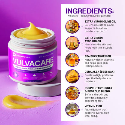 Pharmapulse Vaginal Moisturizer, Vulva Balm Cream, Intimate Skin Care, Menopause Support - Relieves Dryness, Itching, Burning, Redness, Chafing, Odor, Irritation - Estrogen Free 2oz - dailyvitalstore
