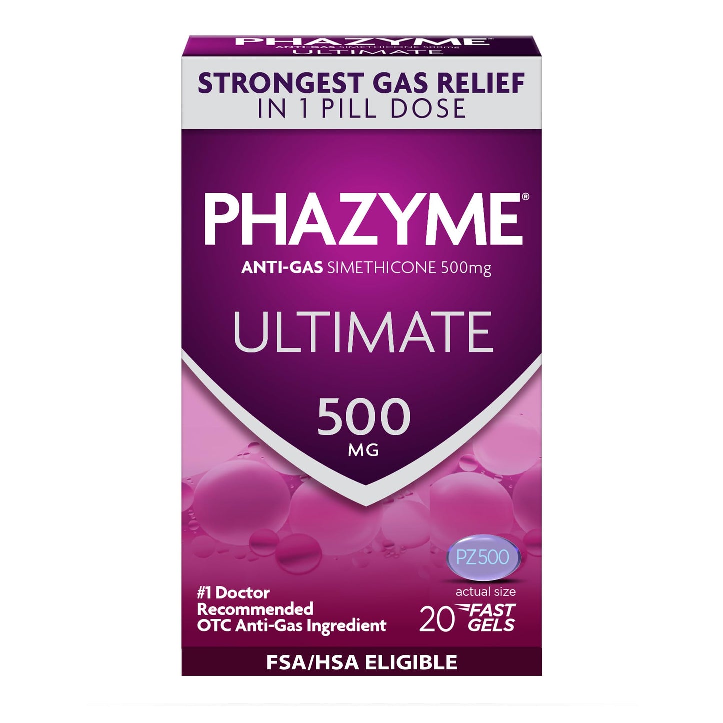 Phazyme Ultimate Strength Anti-Gas 500 mg Simethicone Gas Relief for Adults, Fast Gels Quickly Ease Bloating, Pressure and Discomfort, 20 Count - dailyvitalstore