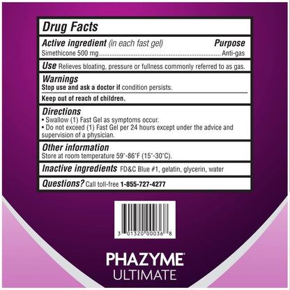 Phazyme Ultimate Strength Anti-Gas 500 mg Simethicone Gas Relief for Adults, Fast Gels Quickly Ease Bloating, Pressure and Discomfort, 20 Count - dailyvitalstore