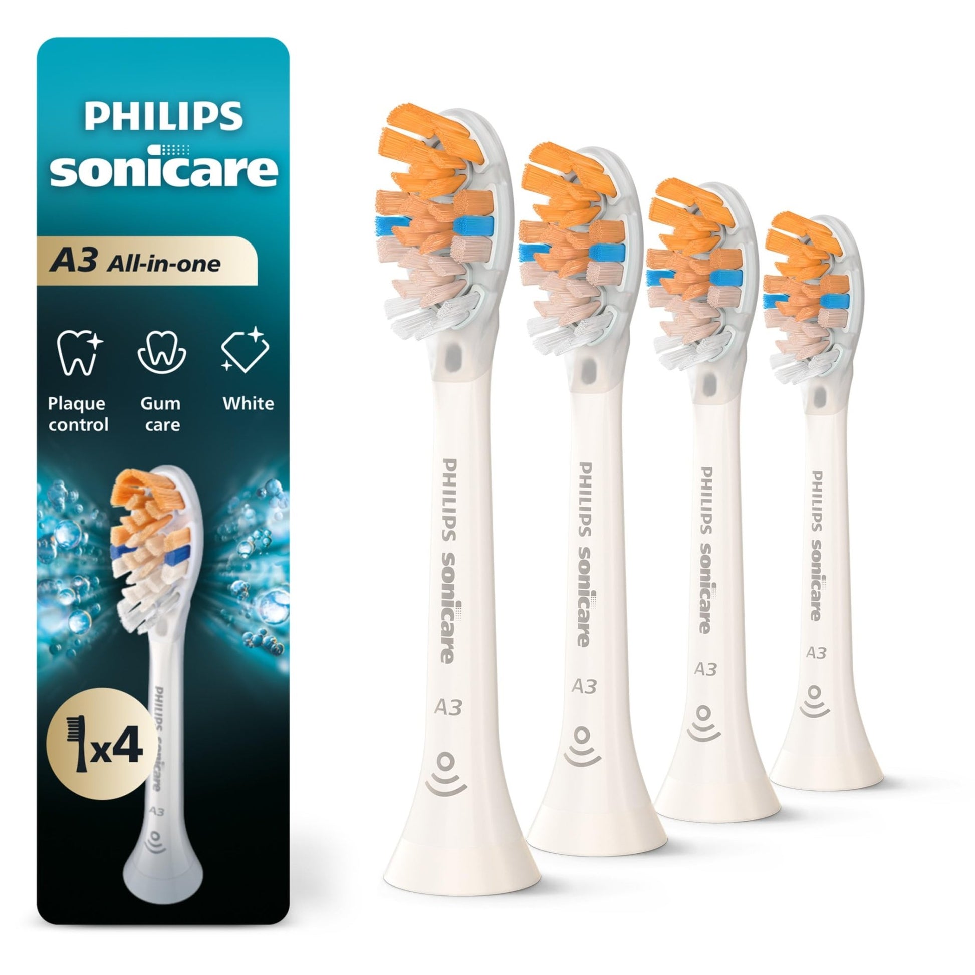 Philips Sonicare A3 All-in-One - Genuine Replacement Electric Toothbrush Heads, White, 4 Pack One Year Supply, HX9094/65 - dailyvitalstore