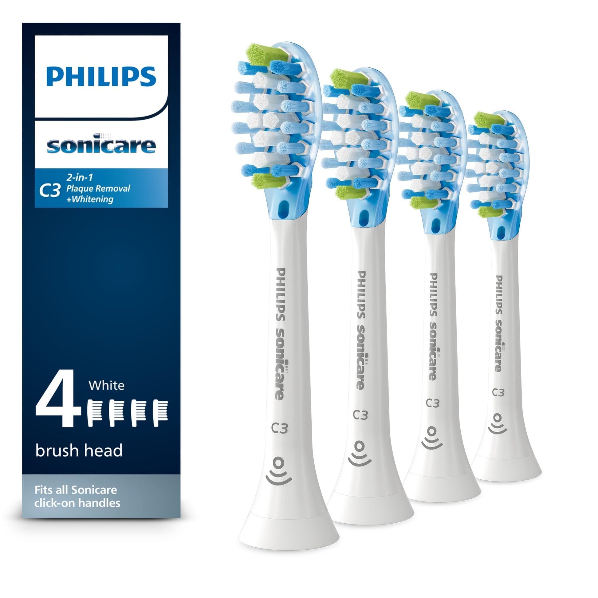 Philips Sonicare C3 Two-in-One - Genuine Replacement Electric Toothbrush Heads, White, 4 Pack One Year Supply, HX9044/65 - dailyvitalstore