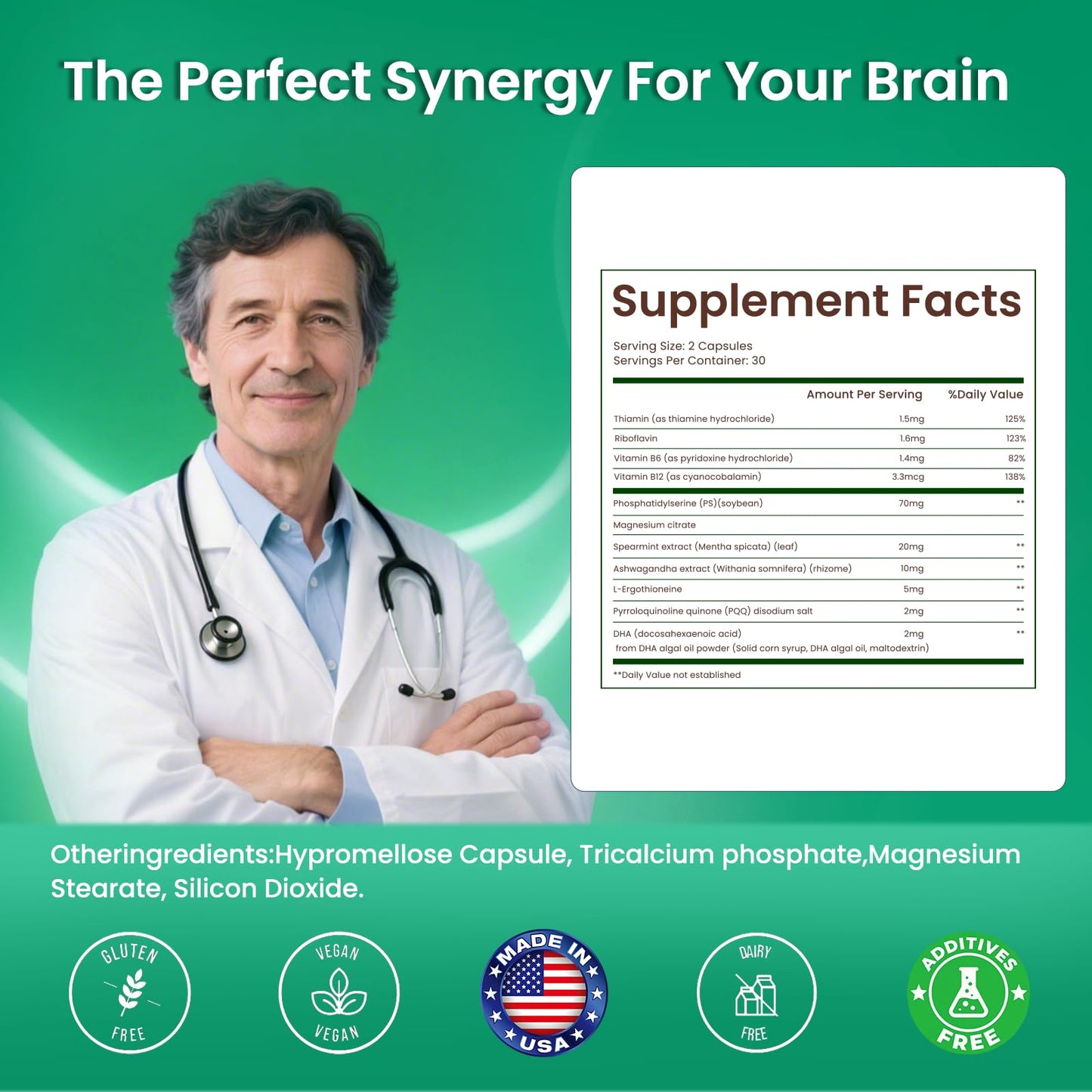 PhosphatidylSerine Memory & Focus Supplement with DHA, Spearmint, Magnesium & Ashwagandha – Brain Clarity, Stress Relief & Cognitive Support – Gluten-Free Vegan, 60 Capsules - dailyvitalstore