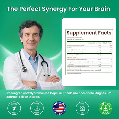 PhosphatidylSerine Memory & Focus Supplement with DHA, Spearmint, Magnesium & Ashwagandha – Brain Clarity, Stress Relief & Cognitive Support – Gluten-Free Vegan, 60 Capsules - dailyvitalstore