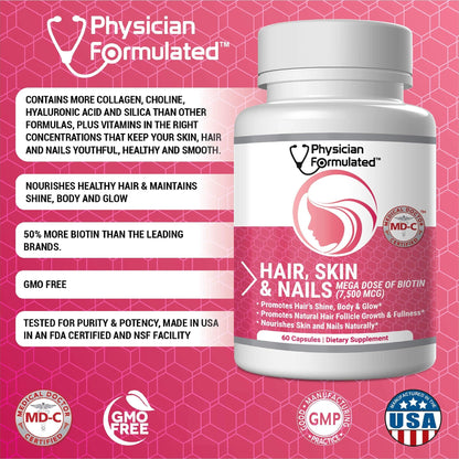 Physician Formulated Healthy Hair Skin and Nails Vitamins for Men and Women - 7500 mcg Biotin, Amino Acids, Collagen and Hyaluronic Acid - 60 Capsules - dailyvitalstore
